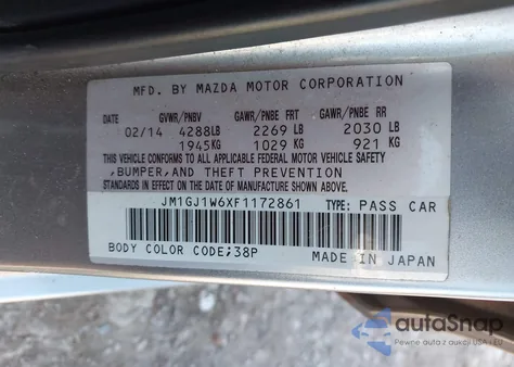 2015 Mazda Mazda6 I Grand Touring z USA, uszkodzony, nr VIN JM1GJ1W6XF1172861